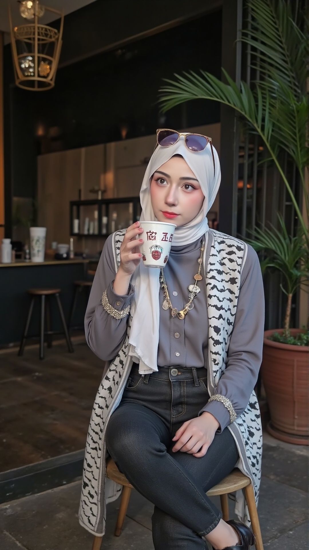A photograph a 24 year old SalsabilaKholiq,  hourglass body,  white short hijab on Tensor.Art