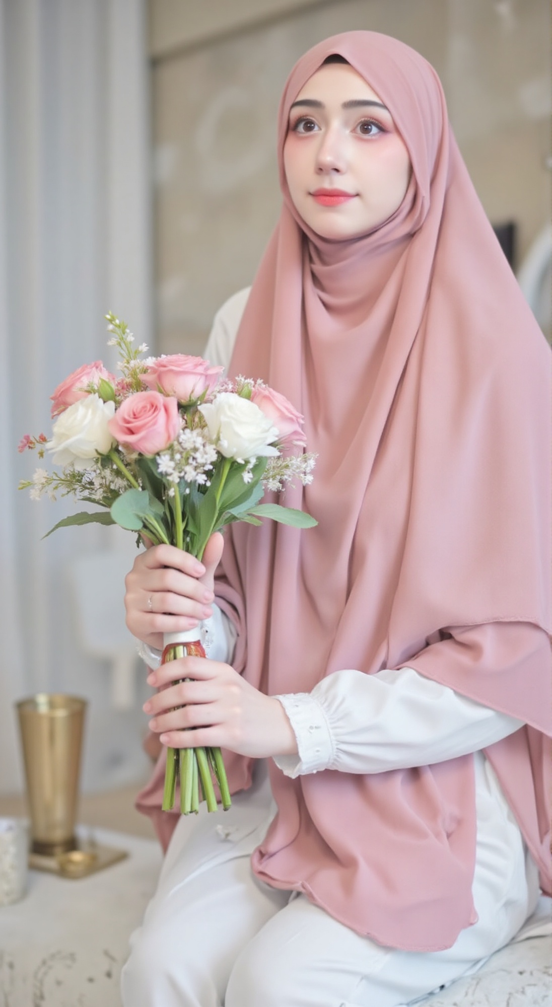 The image shows a person wearing a pink hijab and holding a bouquet of pink and white flowers. The individual is dressed i...