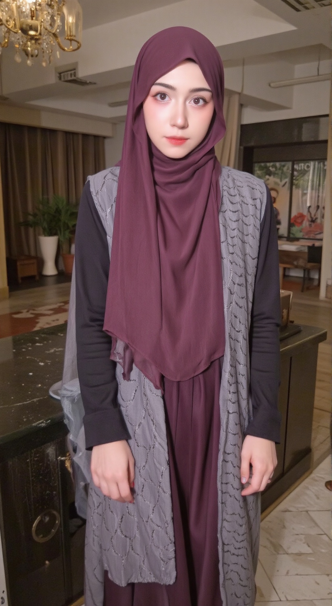 A woman wearing a hijab with a maroon hijab covers the chest and matching clothes,  standing leaning on. gives a modern an...