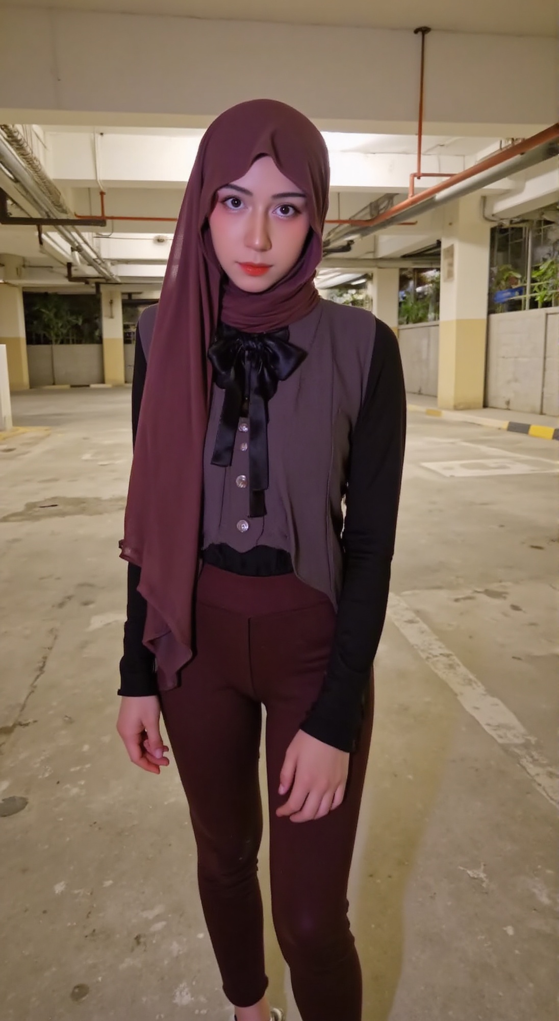 The image shows a person with a maroon hijab and tight-fitting sportswear. The individual is standing in an indoor setting...