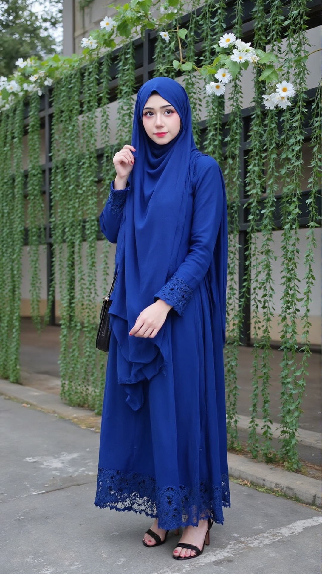 create an image hyperrealistic of a beautiful woman wearing a royal blue muslimah lace sari,  hijab,  wearing a scarf on h...