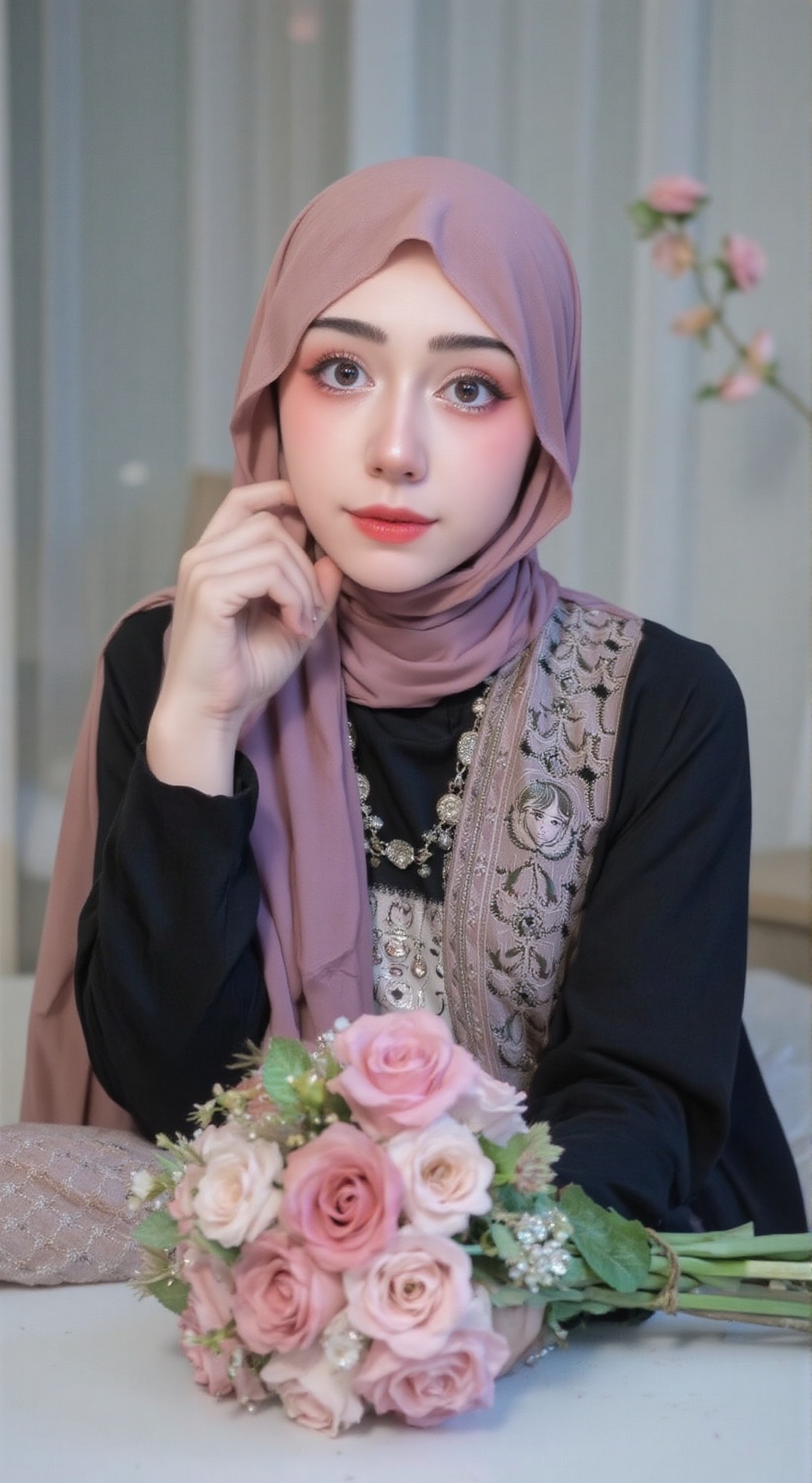 A soft-focus close-up of a young beauty,  dressed in an elegant hijab outfit,  her features blurred slightly to convey a s...