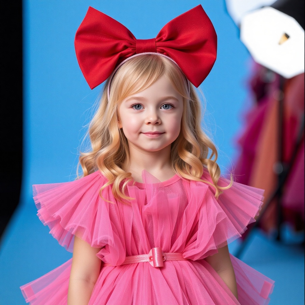 ultra-realistic film photography with minute details,  portrait upper body toddler,  hair is blonde styled in loose large...