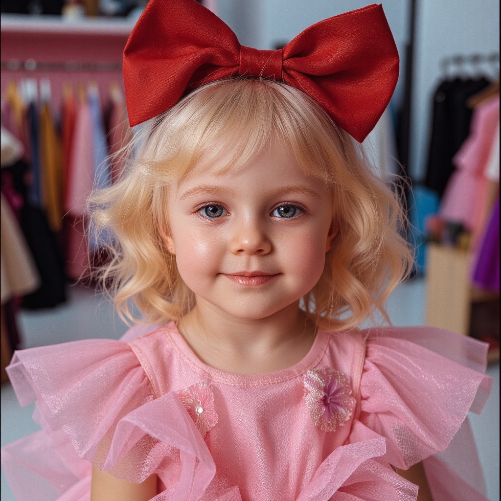 ultra-realistic film photography with minute details,  portrait upper body toddler,  hair is blonde styled in loose large...