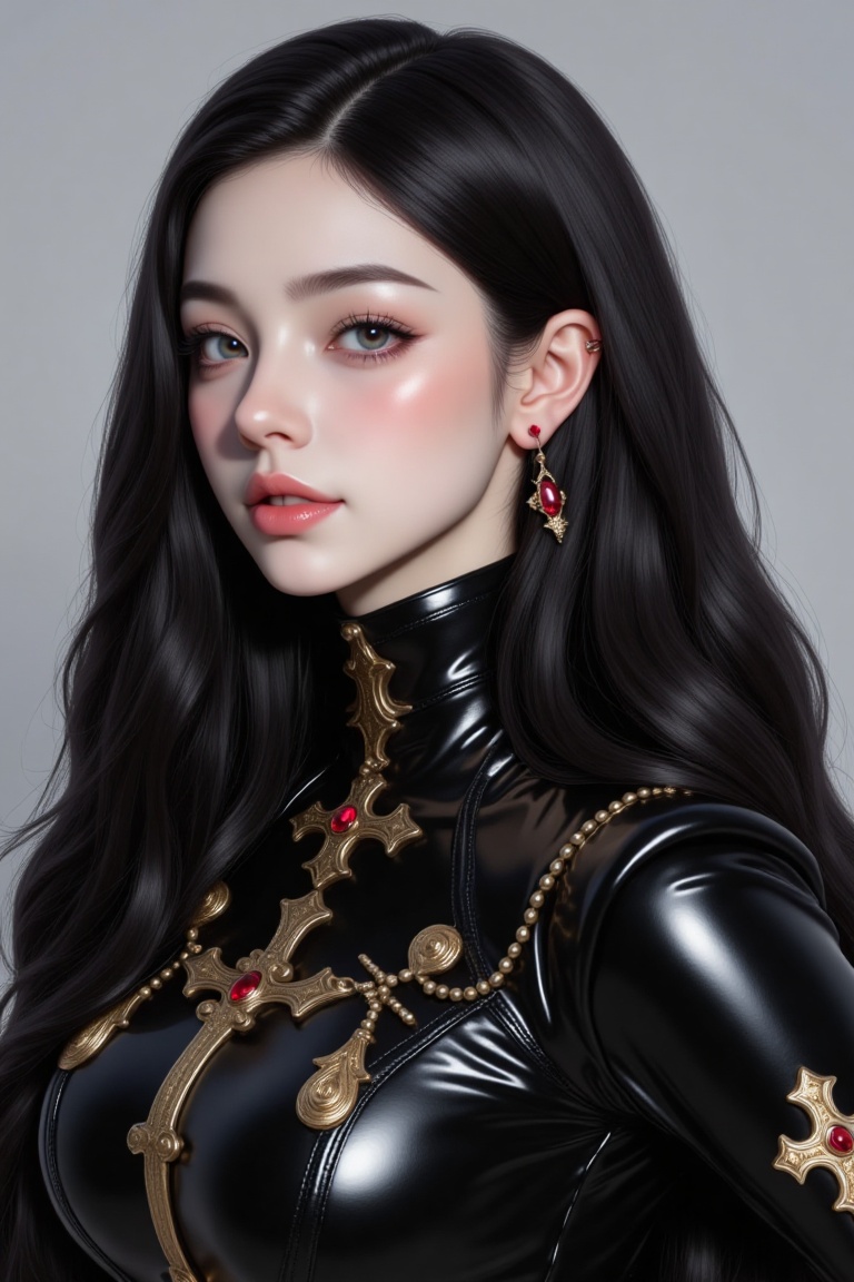 This is a highly detailed,  digital illustration of a young woman with a striking,  ethereal appearance. She has porcelain...