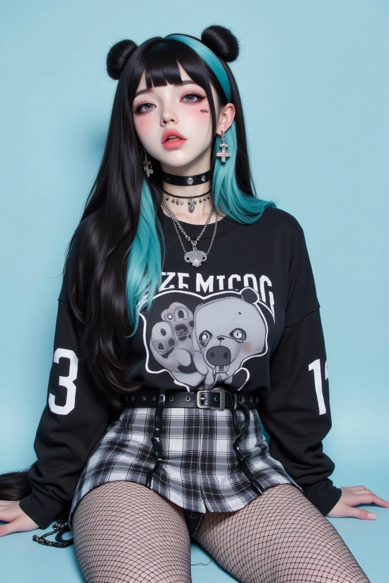 a black girl with tufts of cyan hair and fishnets black and light gray plaid miniskirt,  sitting on the floor open the min...