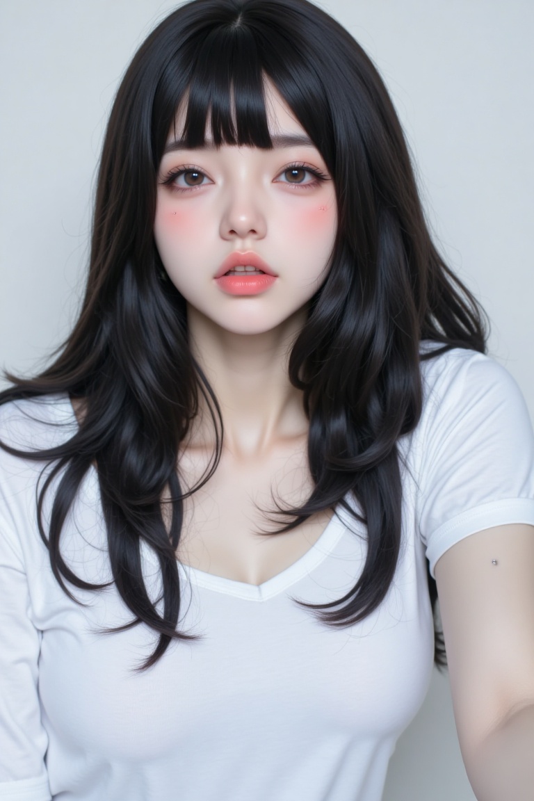 A woman weqaring white t-shirt with black,  long straight hair and a bob-style hime cut stands with her hair covering her...