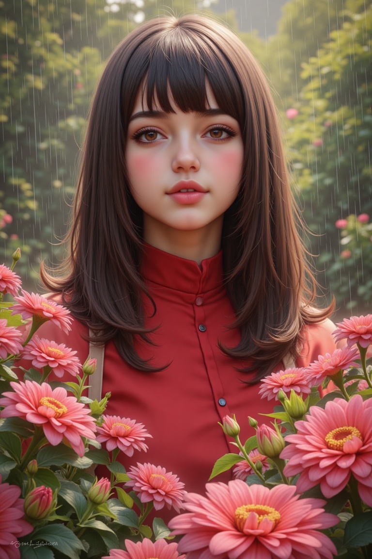 A beautifully framed 8k digital illustration of a perfect masterpiece. Best quality,  best style,  featuring a red-dressed...
