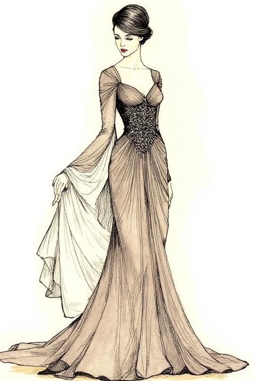 Design a classic evening gown using traditional dip pen techniques to achieve fine details and intricate patterns. The gow...