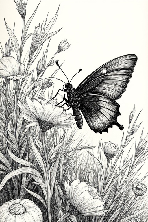 Create a masterpiece slice-of-life drawing centered around an insect,  rendered in a rough sketch style with dynamic hatch...