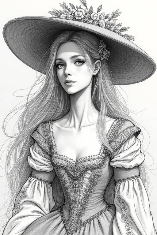 Create a masterpiece portrait of a noblewoman from the Middle Ages in Europe,  rendered in an anime rough sketch style. Fo...
