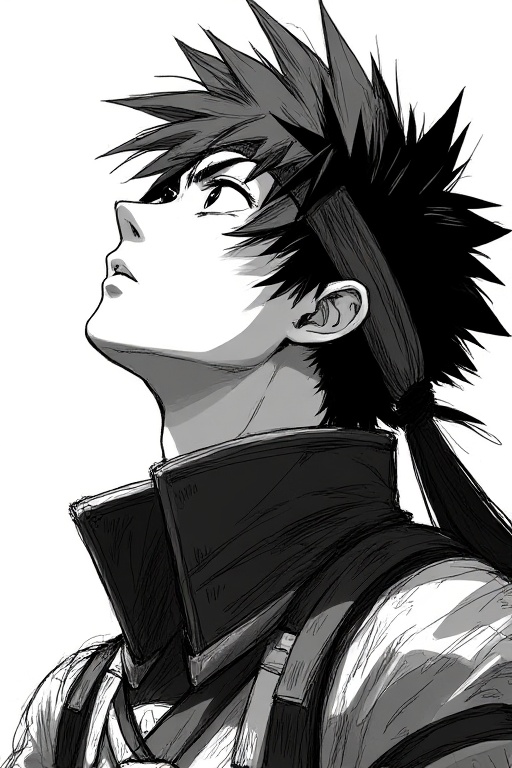 Create a masterpiece portrait of a heroic character in an anime rough sketch style,  inspired by the themes of strength an...