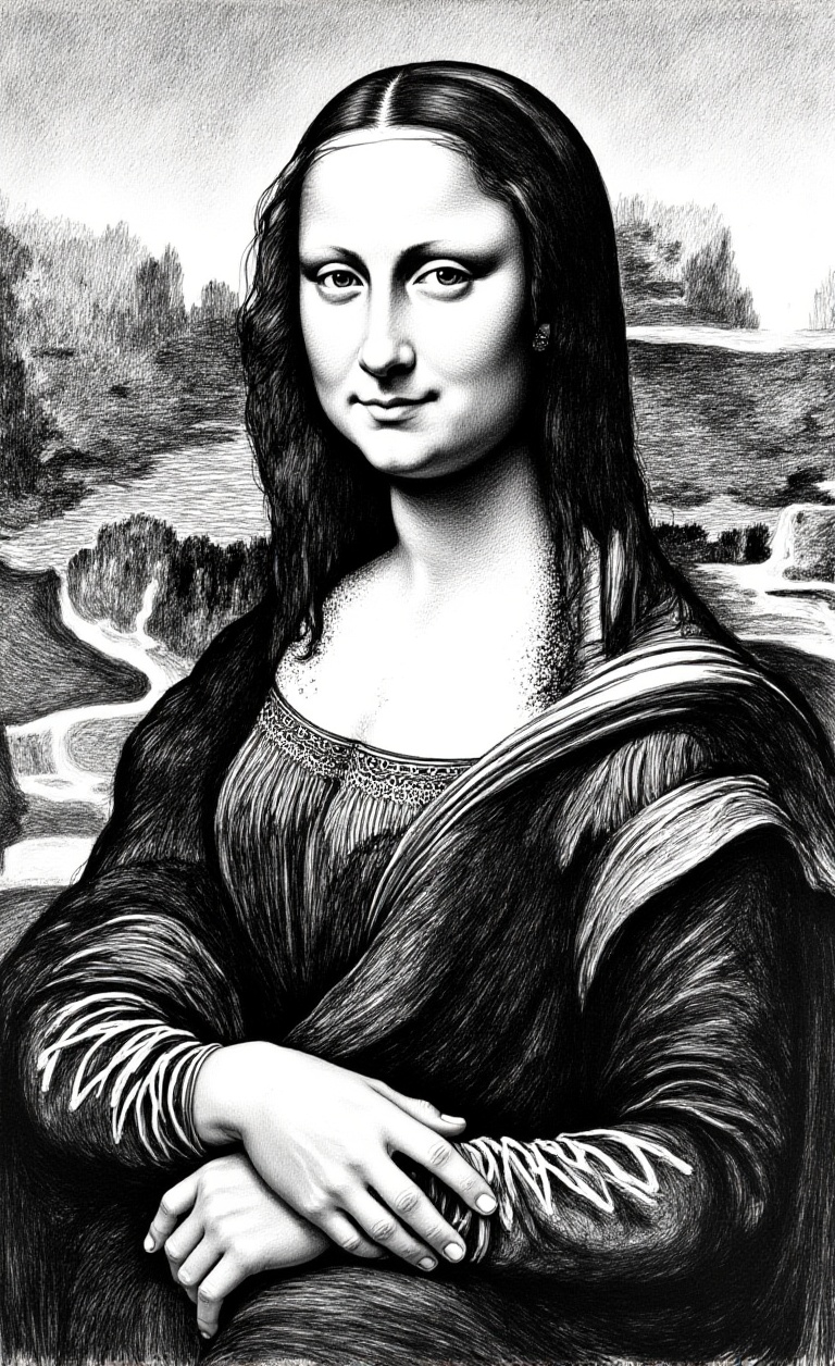 Create a masterpiece portrait of the Mona Lisa set against a background featuring large,  intricate batik patterns,  rende...