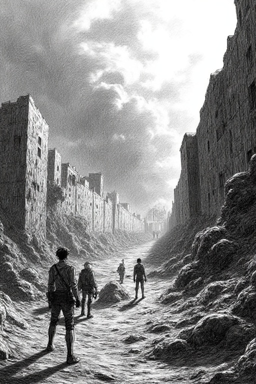 Create a masterpiece landscape drawing inspired by "Attack on Titan,  " capturing the tension and drama of the setting,  r...
