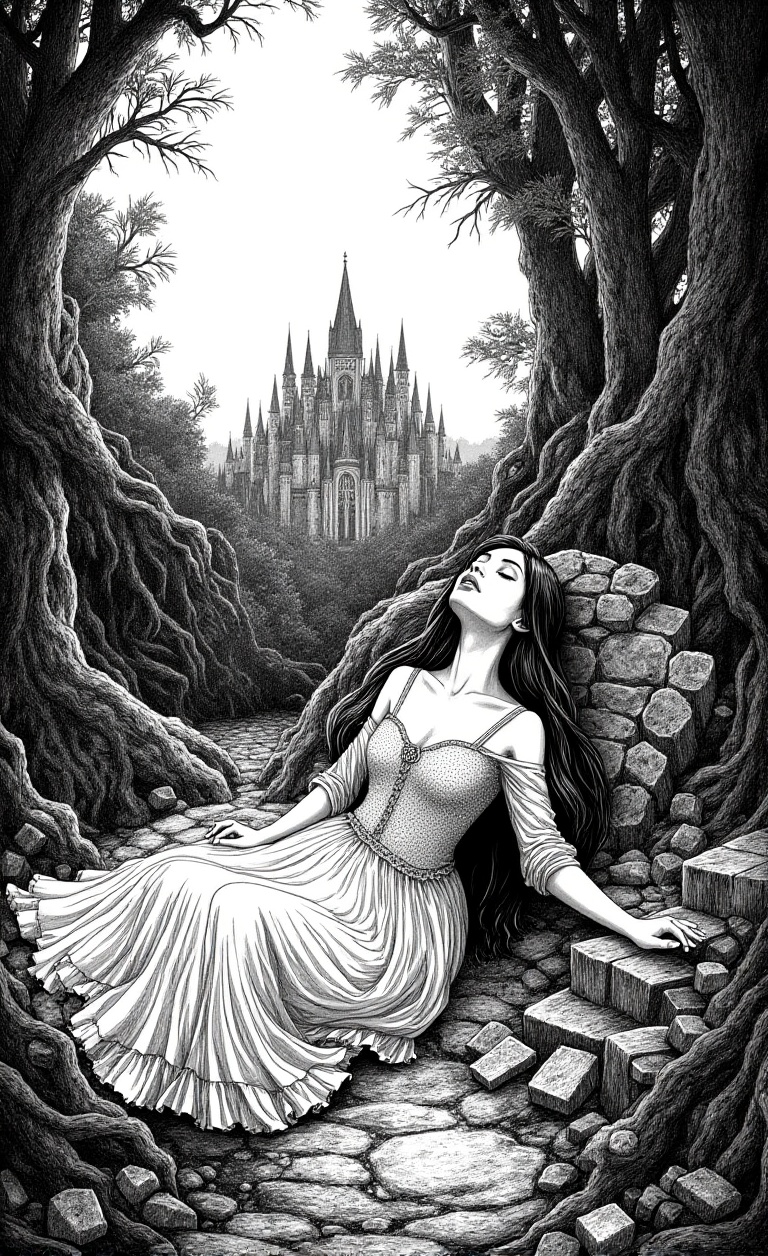 Create a masterpiece drawing of the landscape from the classic story of Sleeping Beauty,  capturing an eerie and dreamlike...