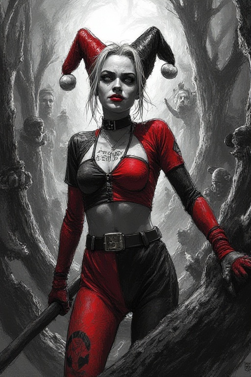 Create a masterpiece drawing of Harley Quinn that delves into the psychological themes of nightmares,  rendered in a rough...