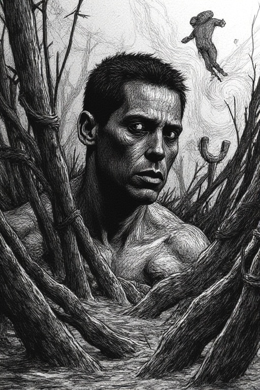 Create a masterpiece drawing that explores the theme of nightmares,  rendered in a rough sketch style with dynamic hatchin...