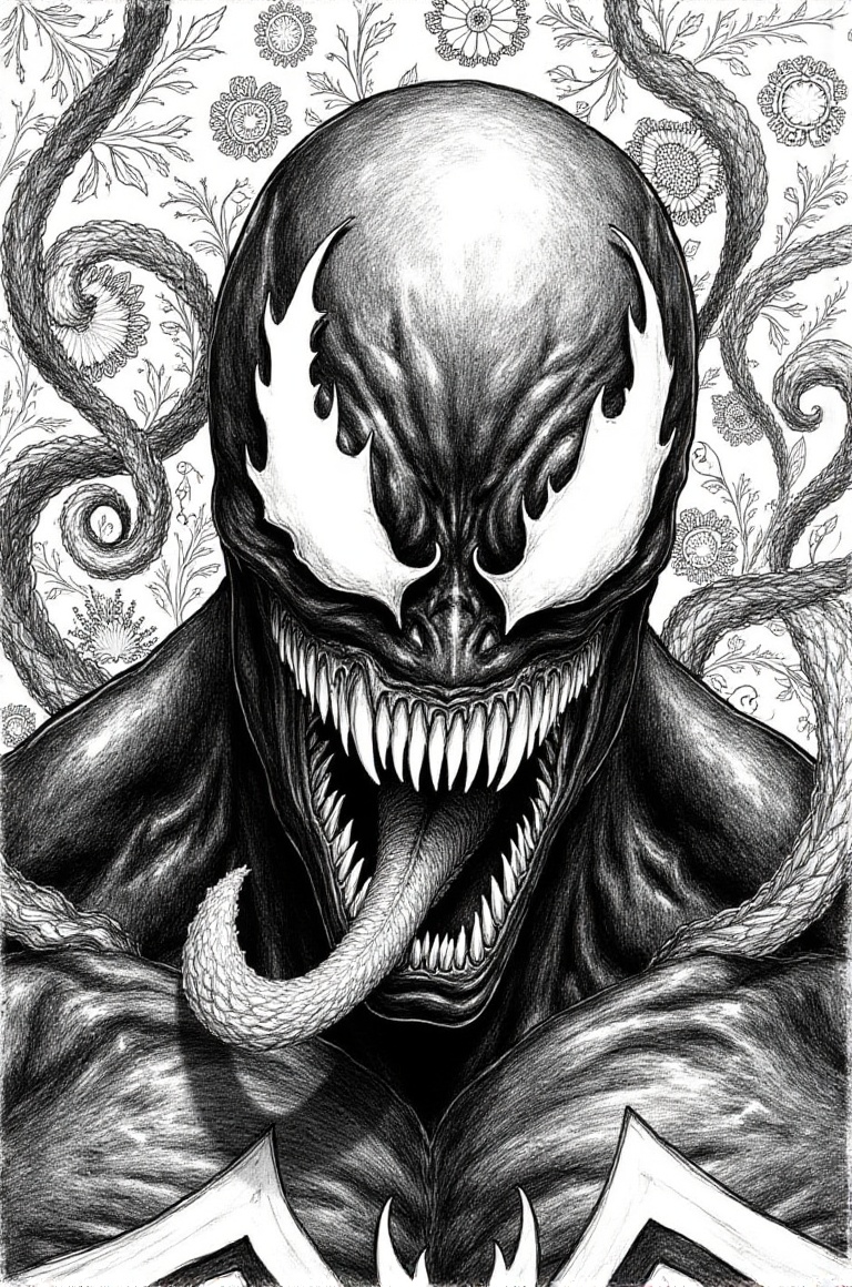 Create a masterpiece drawing of Venom set against a background featuring intricate batik patterns,  rendered in a black an...