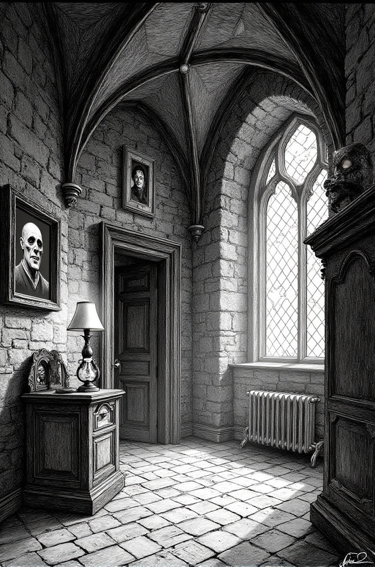 Create a masterpiece drawing of a nightmarish interior scene inspired by the Harry Potter universe,  rendered in a black a...