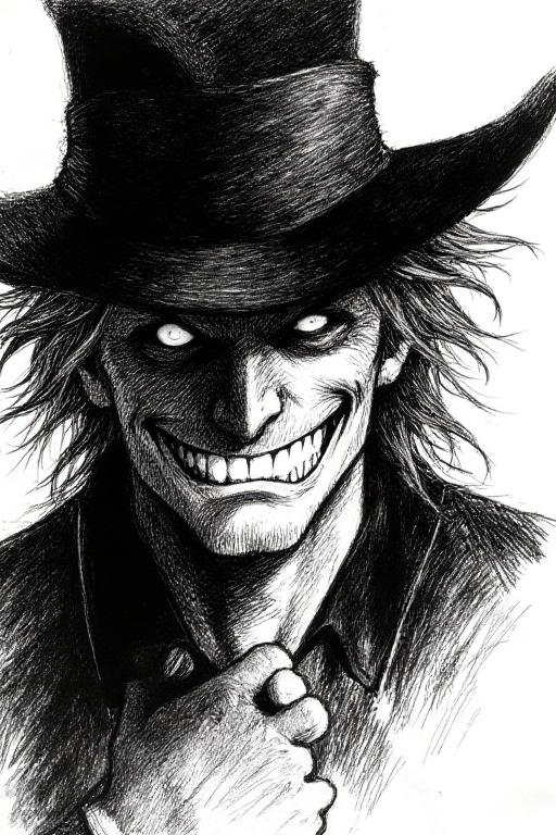 Create a dynamic sketch of a dark villain handsome character,  Focus on capturing the character’s mischievous grin and int...