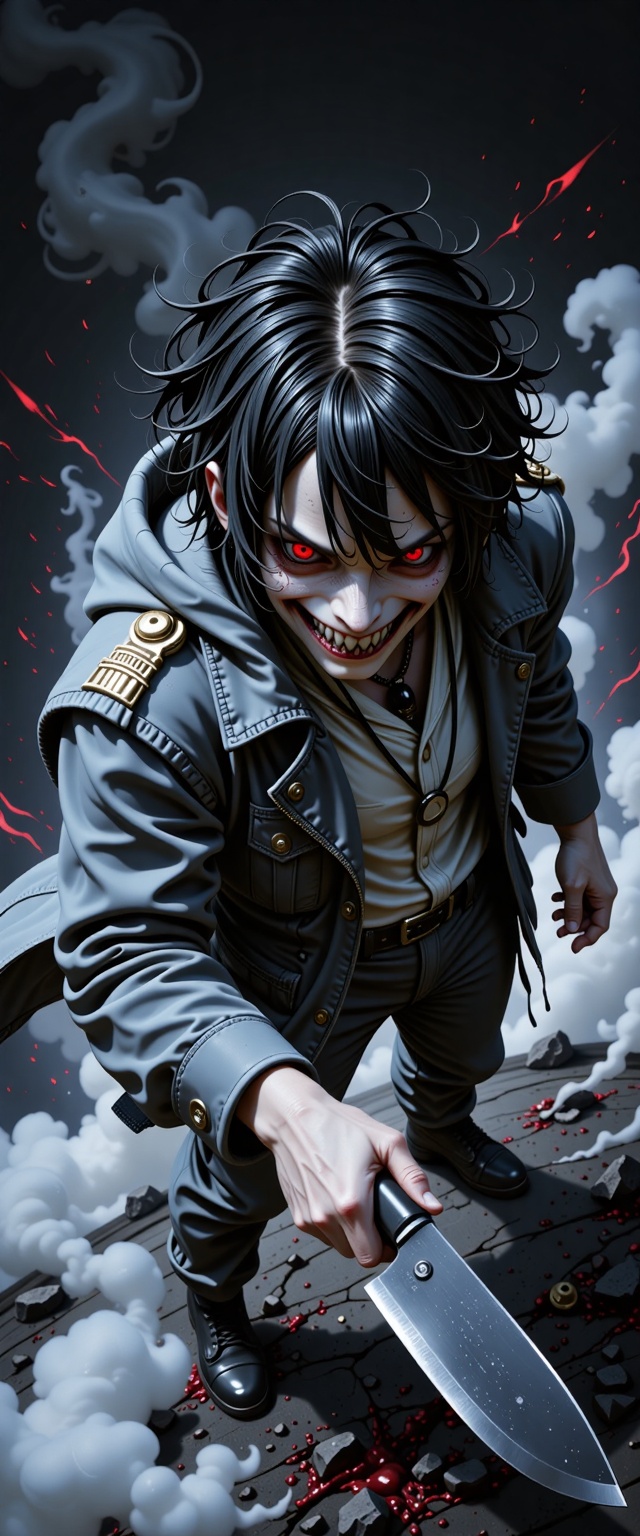 A dynamic close-up shot from above,  a man with short,  messy black hair and red eyes stands in a dark background. He wear...