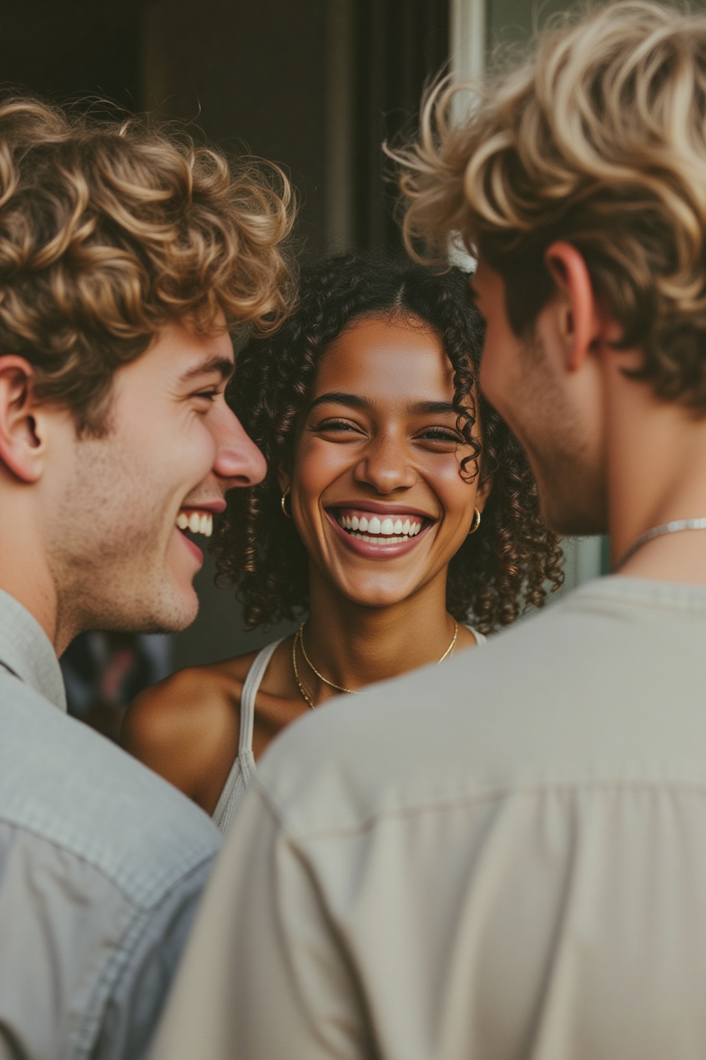 midjourney analog photograph. A young woman and two young men are engaged in a joyful interaction. The young woman in the...