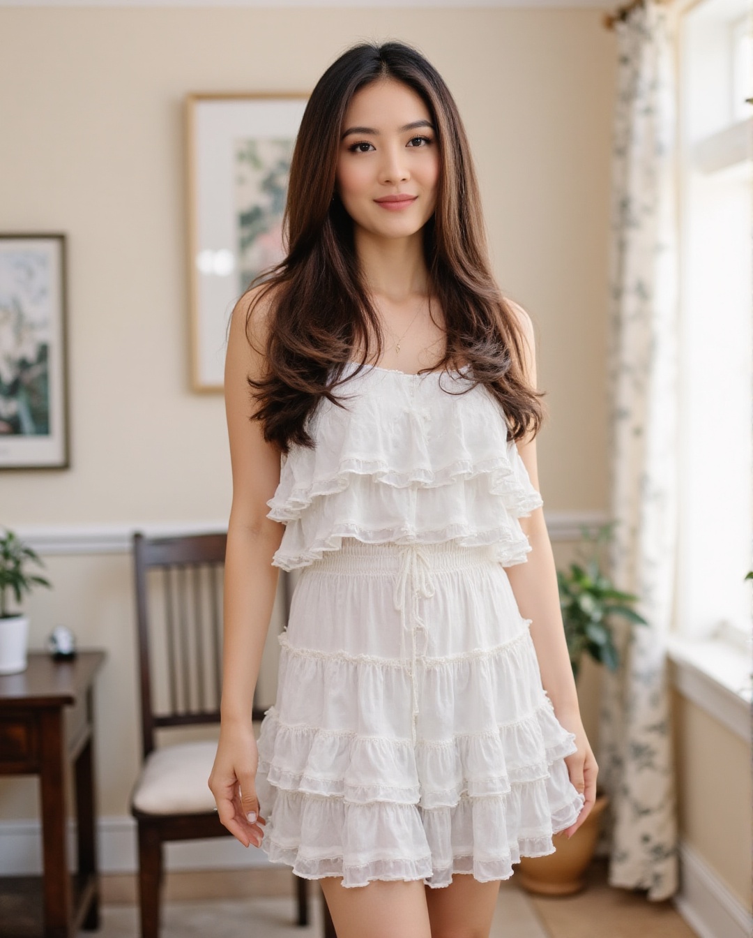 The image shows a woman standing indoors,  dressed in a white,  ruched dress with layered ruffles. Her hair is long and wa...