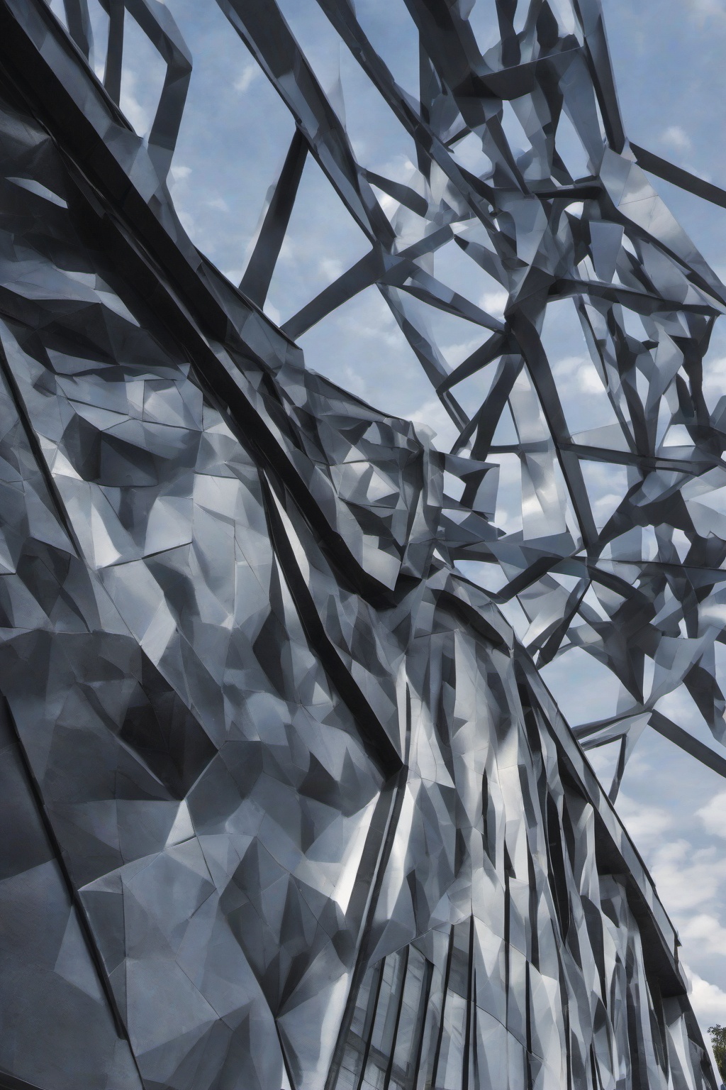 The image depicts a modern architectural structure with a geometric design. The structure is composed of large,  angular,...