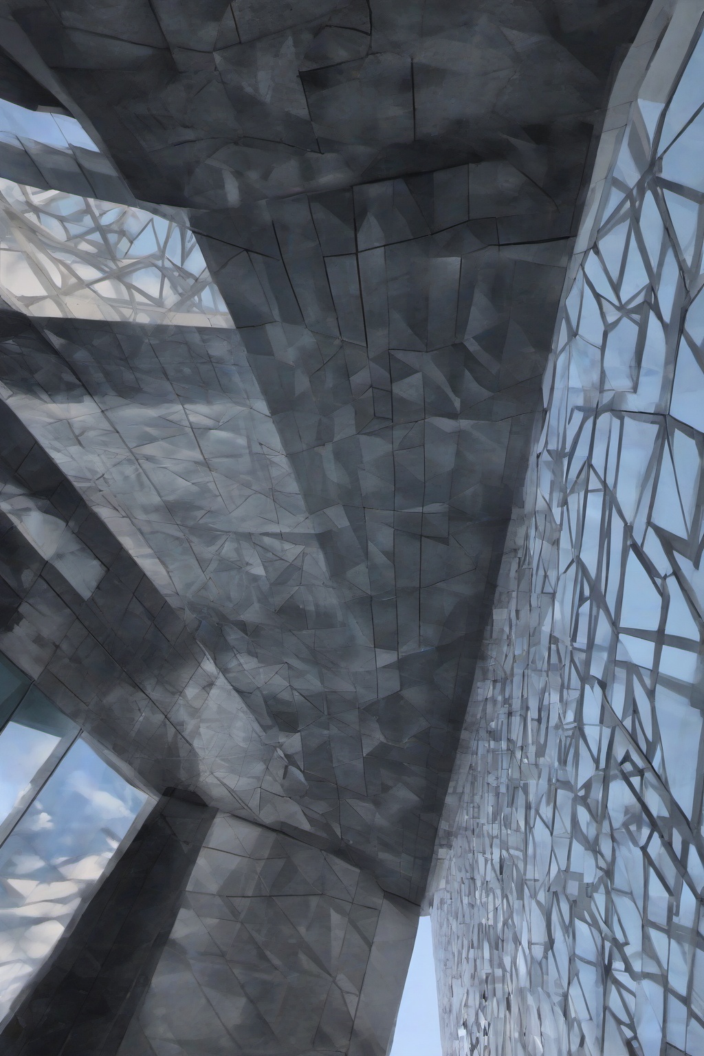 The image depicts a modern architectural structure with a geometric design. The structure is composed of large,  angular,...