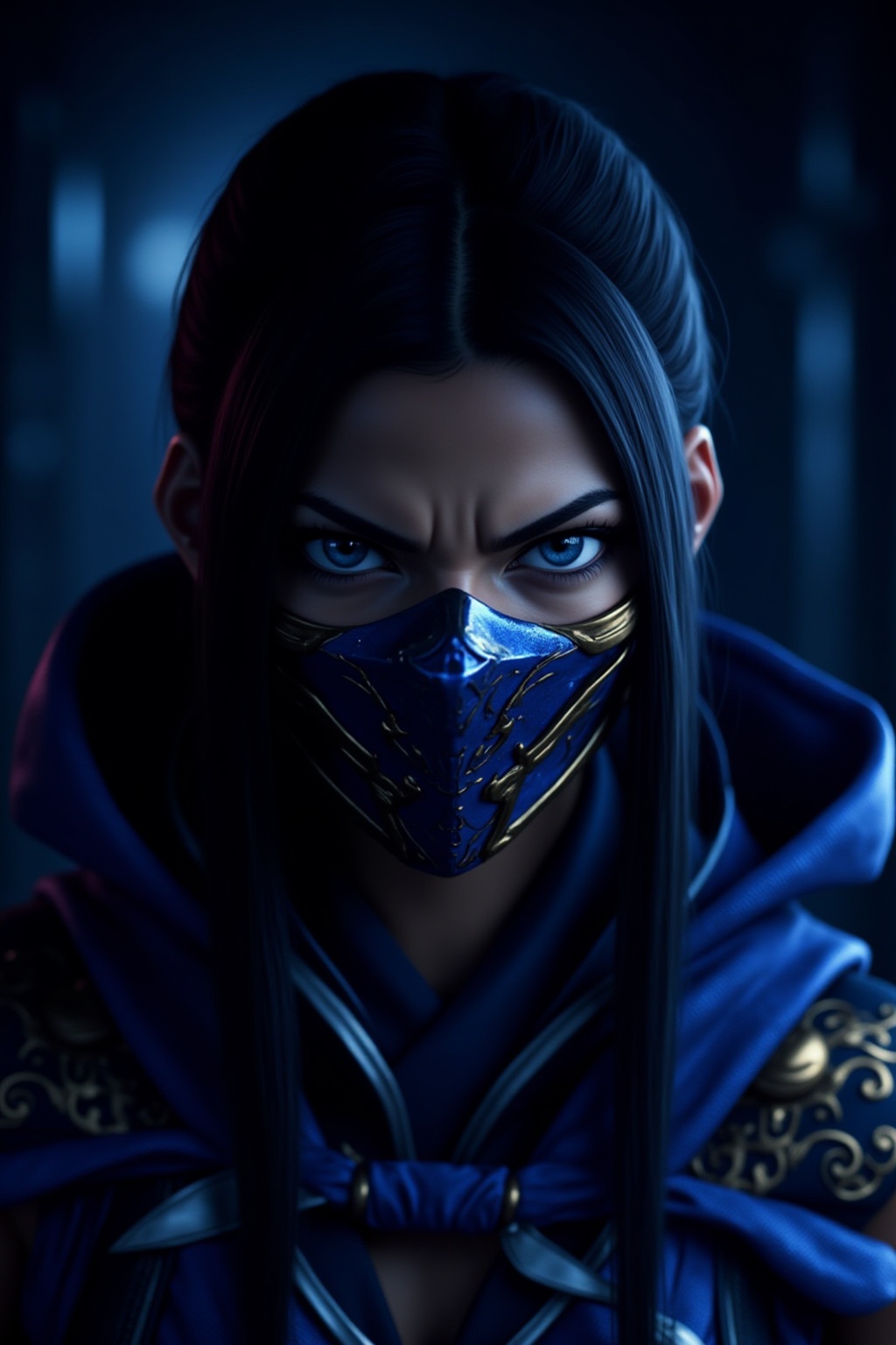 photograph of an anime-style LF-NINJA character with long,  straight black hair,  wearing a blue and gold ninja mask. The...