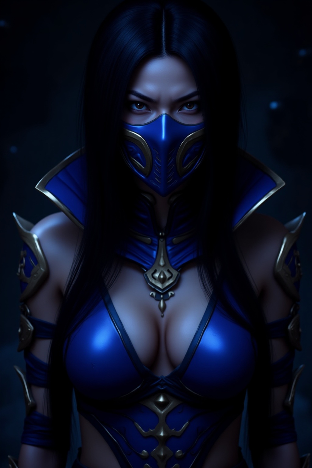 photograph of an anime-style LF-NINJA character with long,  straight black hair,  wearing a blue and gold ninja mask. The...