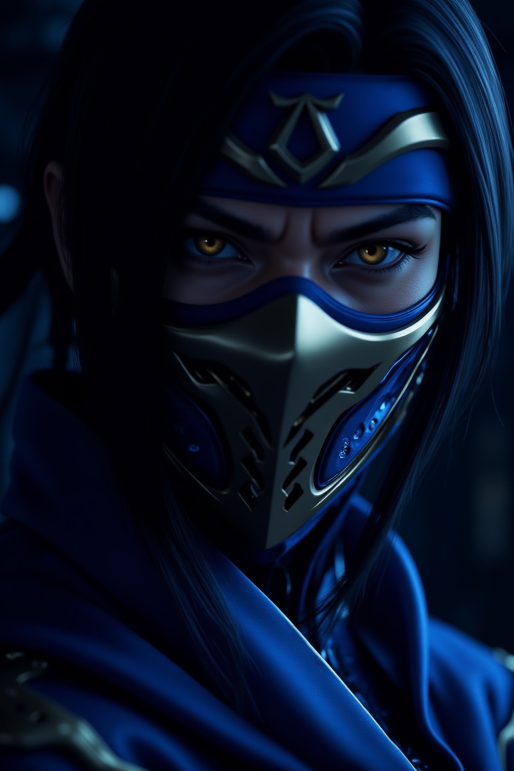 A close-up photograph of an anime-style LF-NINJA character with long,  straight black hair,  wearing a blue and gold ninja...