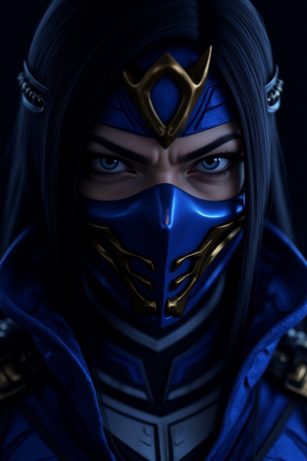 A close-up photograph of an anime-style character with long,  straight black hair,  wearing a blue and gold ninja mask. Th...