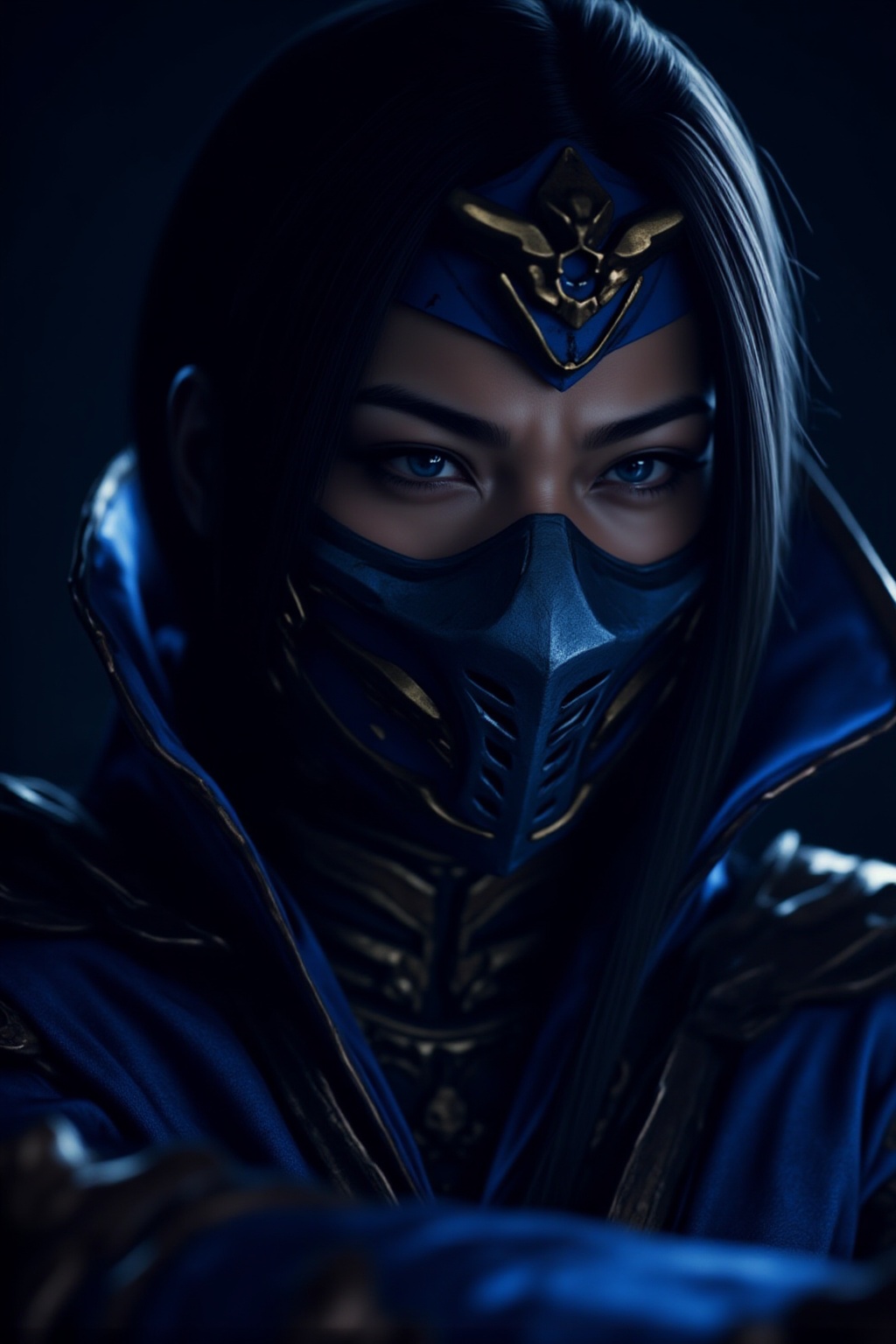 A close-up photograph of an anime-style character with long,  straight black hair,  wearing a blue and gold ninja mask. Th...