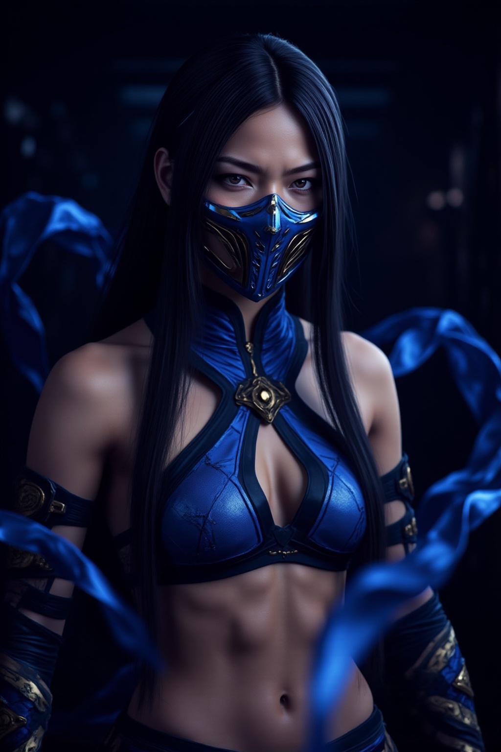 photograph of an anime-style LF-NINJA character with long,  straight black hair,  wearing a blue and gold ninja mask. The...