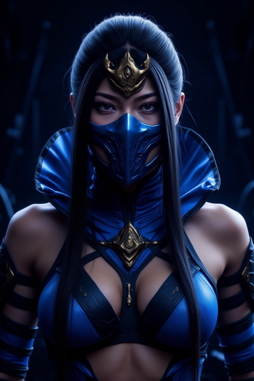 photograph of an anime-style LF-NINJA character with long,  straight black hair,  wearing a blue and gold ninja mask. The...