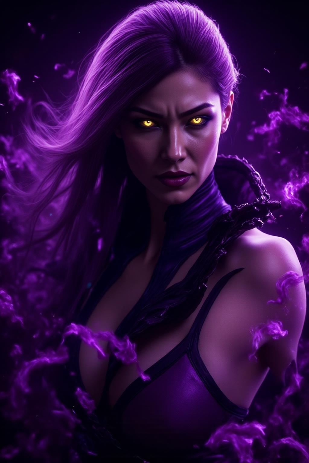 A close-up of a mysterious woman with long,  flowing purple hair and glowing yellow eyes. She wears a revealing black and...