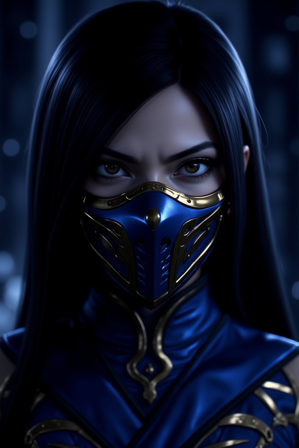 A close-up photograph of an anime-style LF-NINJA character with long,  straight black hair,  wearing a blue and gold ninja...