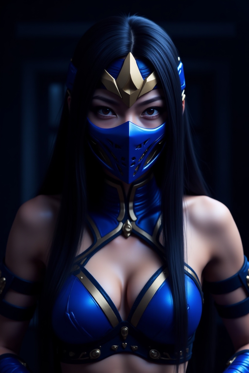 photograph of an anime-style LF-NINJA character with long,  straight black hair,  wearing a blue and gold ninja mask. The...