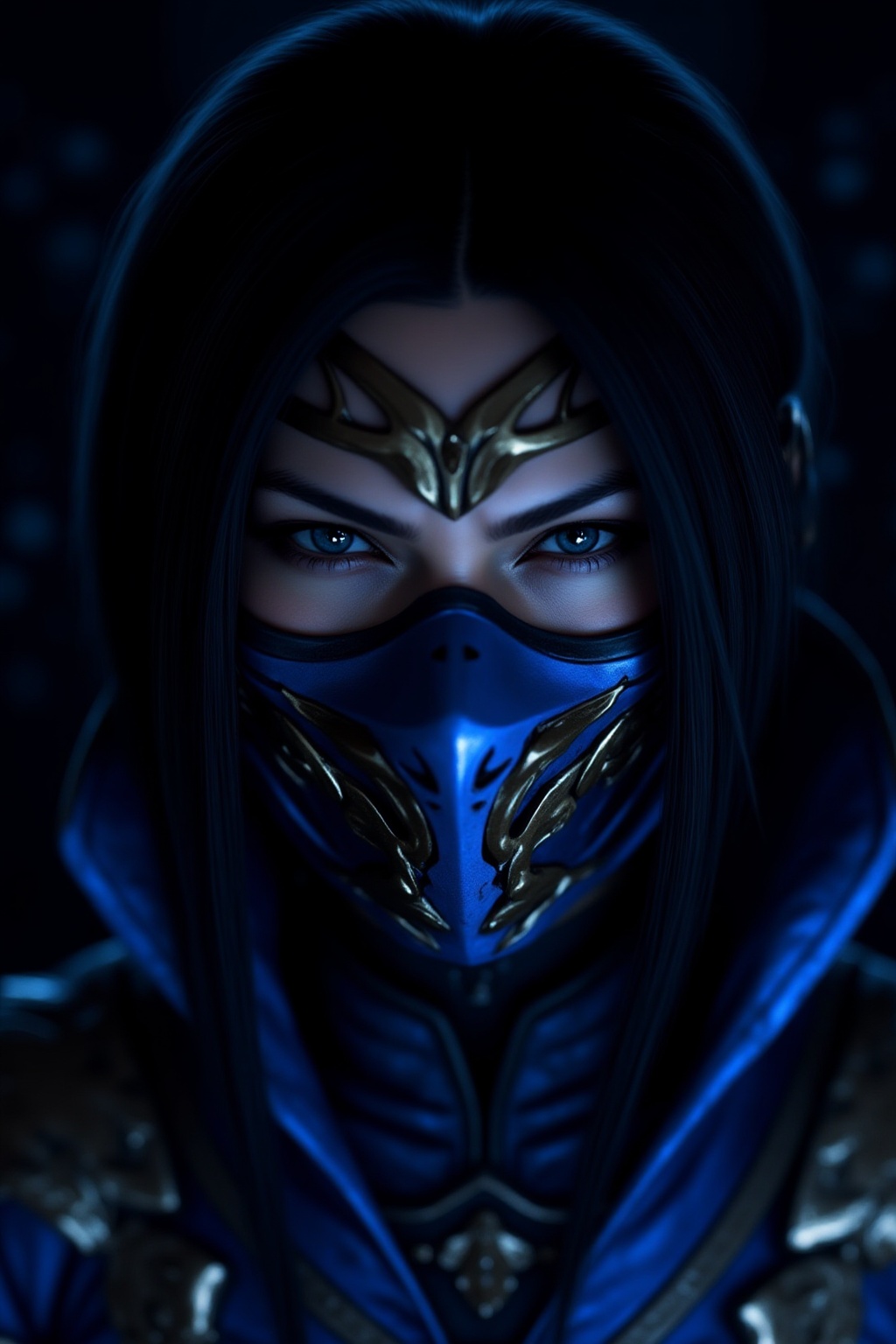 A close-up photograph of an anime-style LF-NINJA character with long,  straight black hair,  wearing a blue and gold ninja...