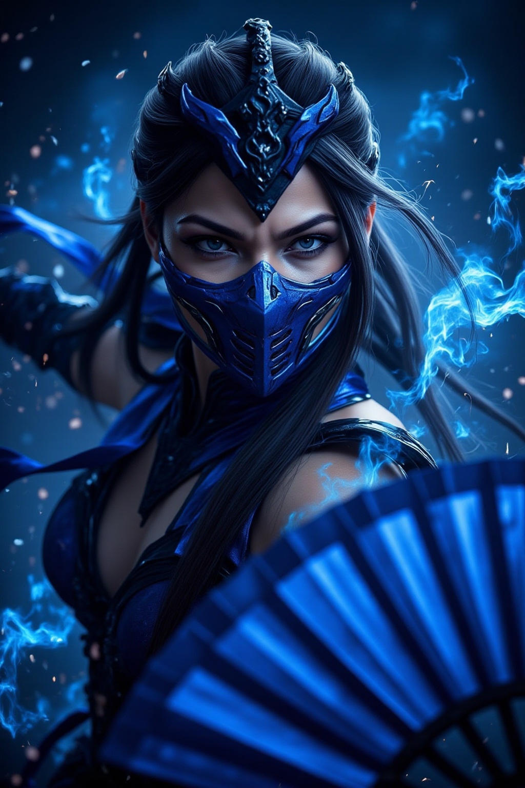A woman with long,  dark hair,  wearing a blue on Tensor.Art
