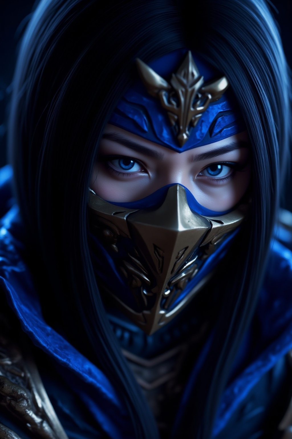 A close-up photograph of an anime-style LF-NINJA character with long,  straight black hair,  wearing a blue and gold ninja...