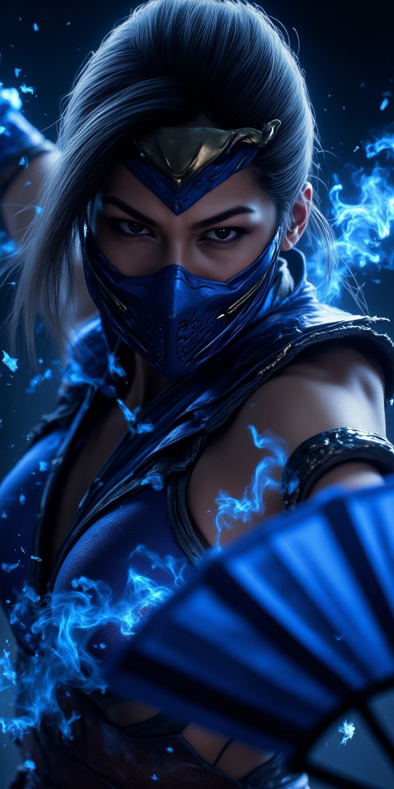 A woman with long,  dark hair,  wearing a blue on Tensor.Art