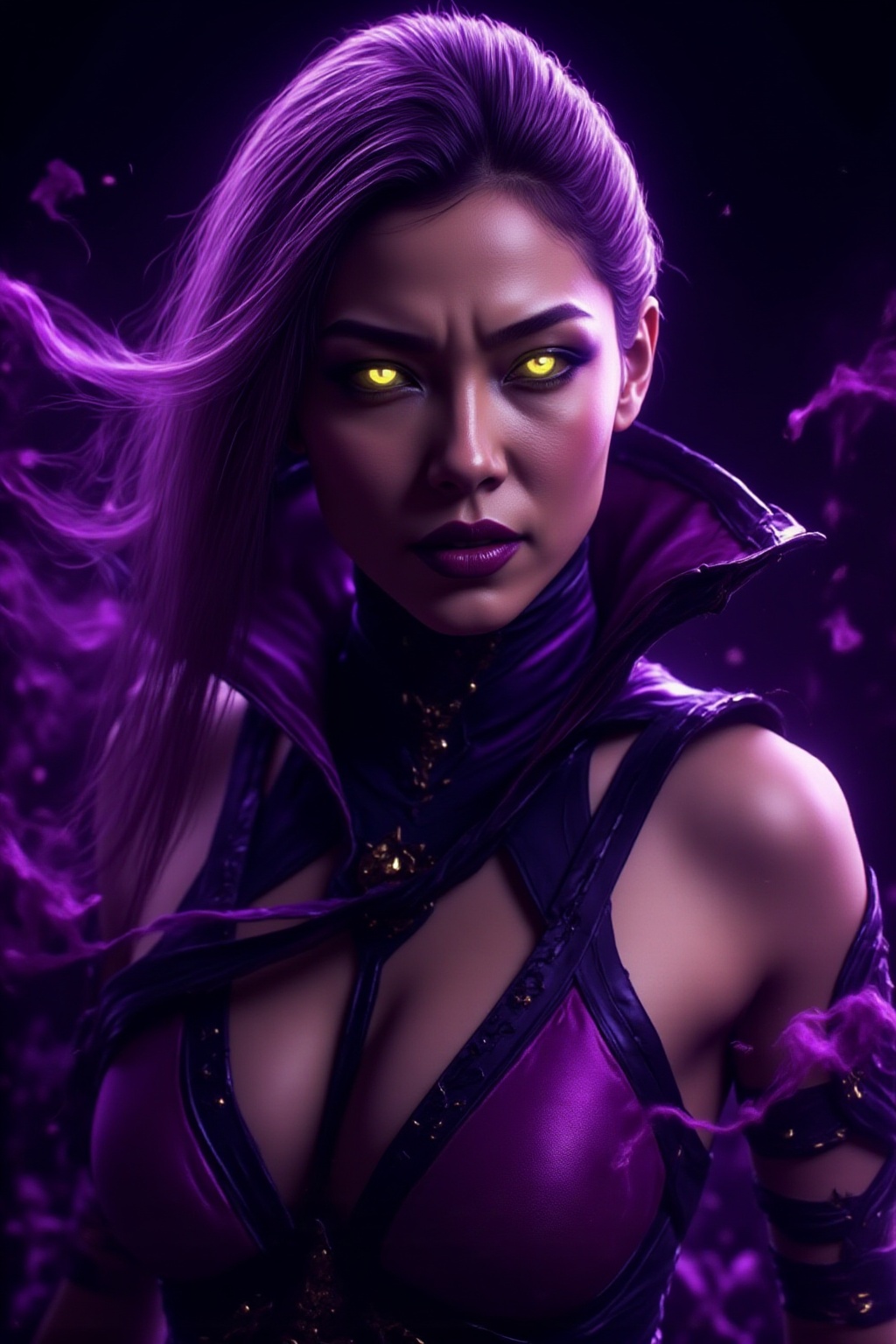 A close-up of a mysterious woman with long,  flowing purple hair and glowing yellow eyes. She wears a revealing black and...
