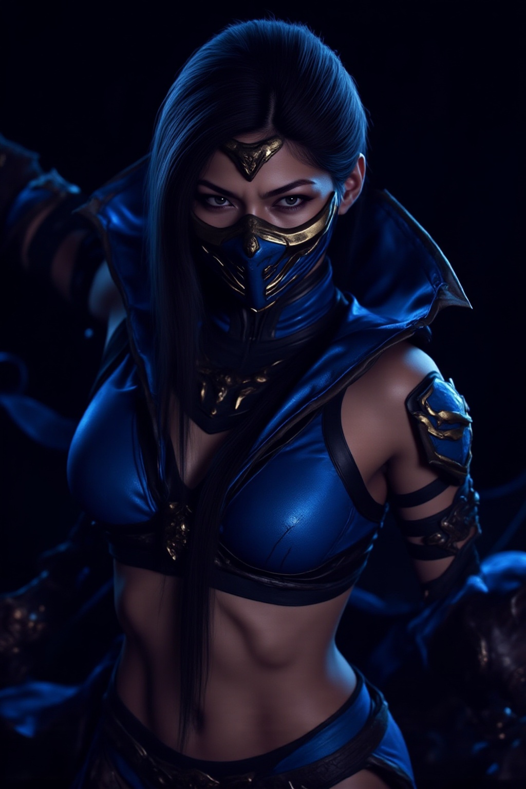 photograph of an anime-style LF-NINJA character with long,  straight black hair,  wearing a blue and gold ninja mask. The...