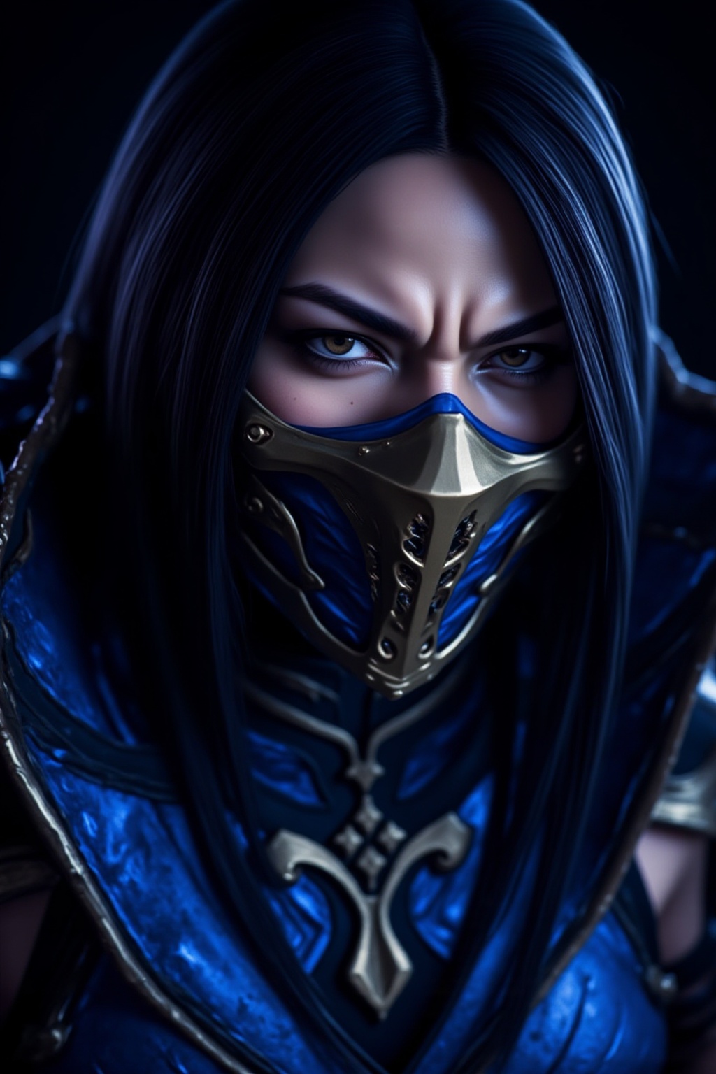A close-up photograph of an anime-style character with long,  straight black hair,  wearing a blue and gold ninja mask. Th...