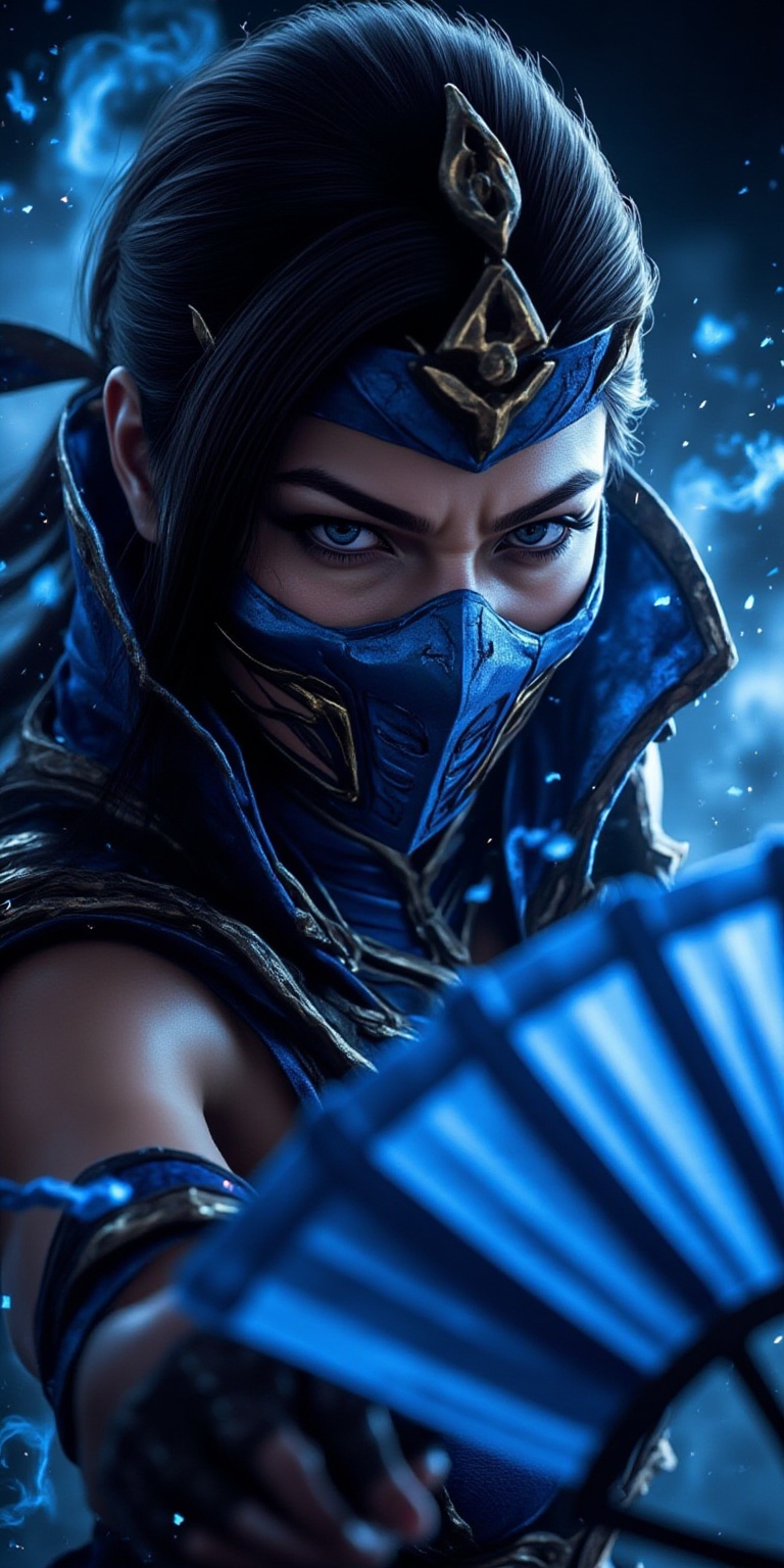 A woman with long,  dark hair,  wearing a blue on Tensor.Art
