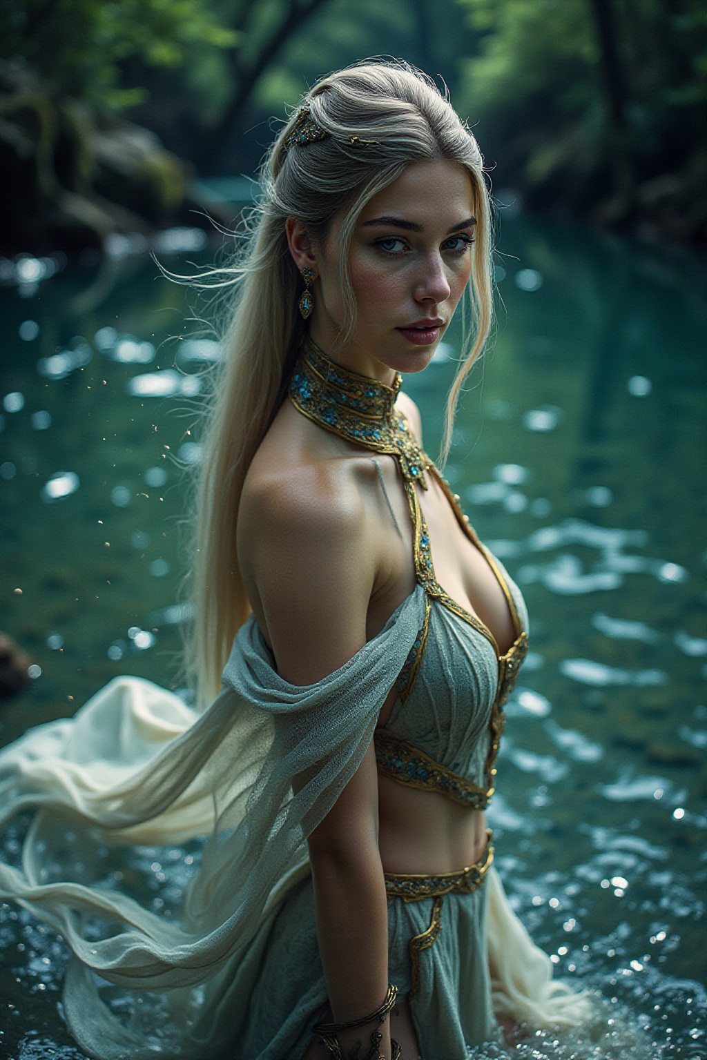 A 20yo young woman full body portrait. In medieval myth and folklore,  a river nymph is often depicted as a mystical and a...
