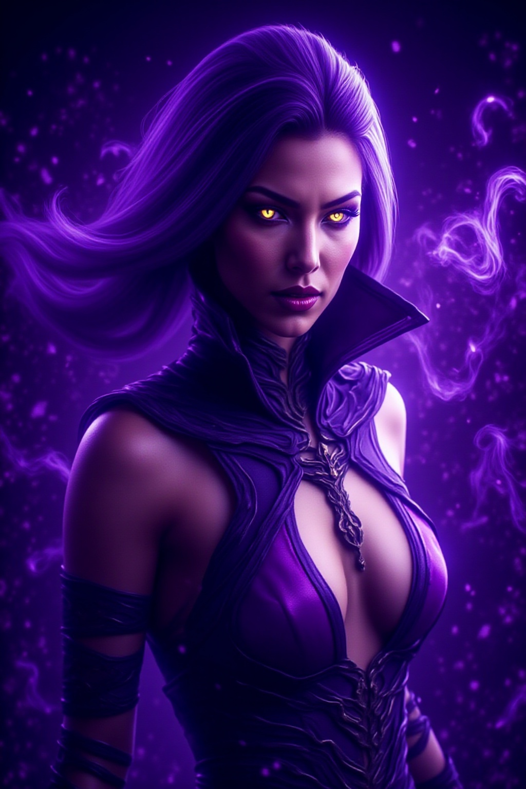 A close-up digital painting of a mysterious woman with long,  flowing purple hair and glowing yellow eyes. She wears a rev...