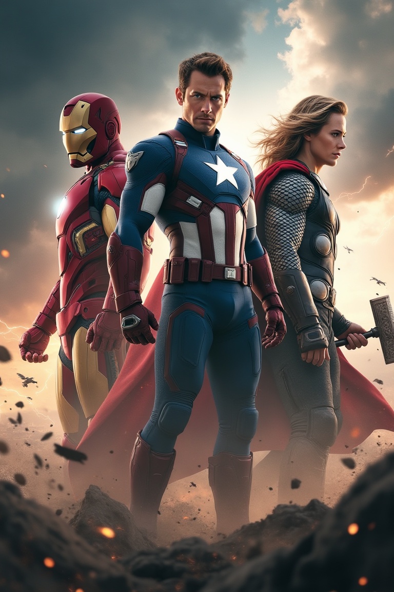justicecinematic,  cinematic poster art featuring Iron Man in red-gold armor,  Captain America with shield in hand on Tens...